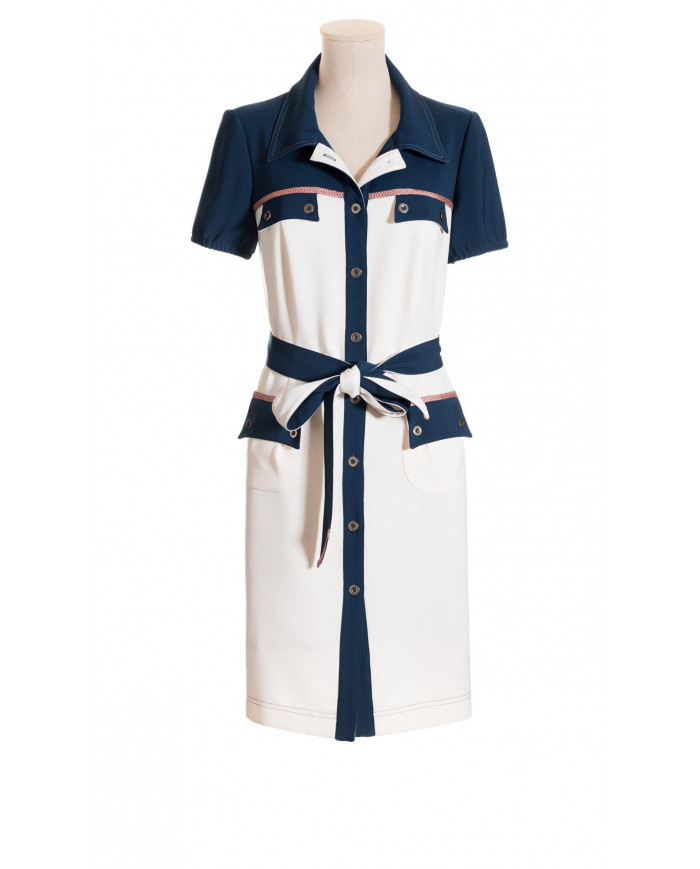 Vestido camisero crudo-marino adornos en rojo