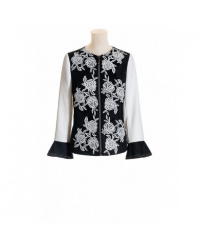 Chaqueta blanca-negra adornos de rejilla dibujo flor