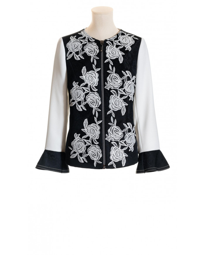 Chaqueta blanca-negra adornos de rejilla dibujo flor