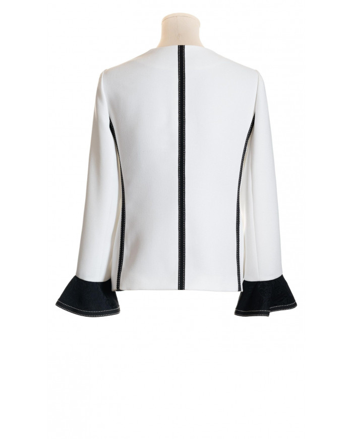 Chaqueta blanca-negra adornos de rejilla dibujo flor